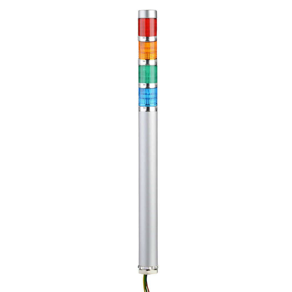 ME-402A-RYGB - Patlite LED signal tower, (4) tiers, 25mm diameter, red/amber/green/blue, permanent light function, 24 VDC, NPN polarity, clear lens, 200mm body length, silver, 360 degree viewing angle, base mount, IP42.