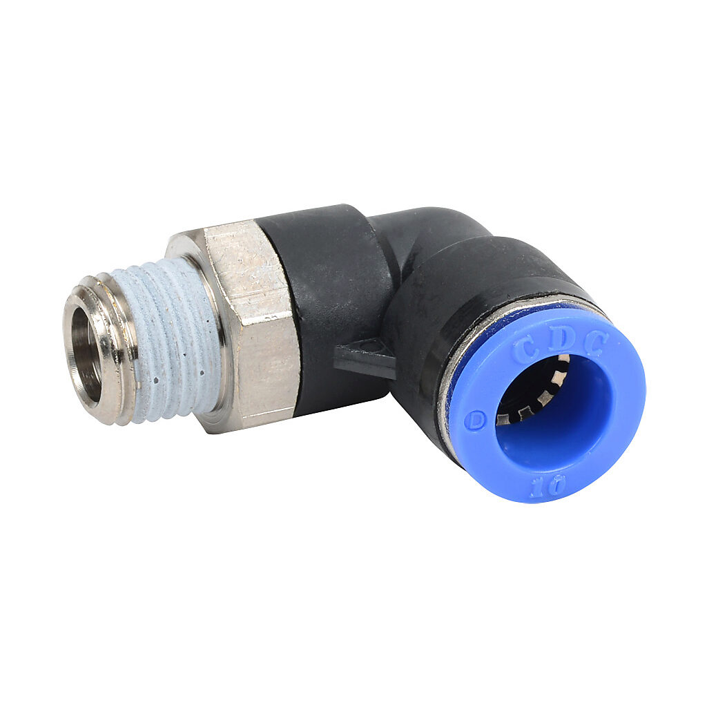 ME10M-14R - NITRA pneumatic push-to-connect fitting, elbow, rotating, thermoplastic (PBT) body, nickel-plated brass threads, thread sealant, (1) R1/4 male BSPT to (1) 10mm push-to-connect. Package of 5.