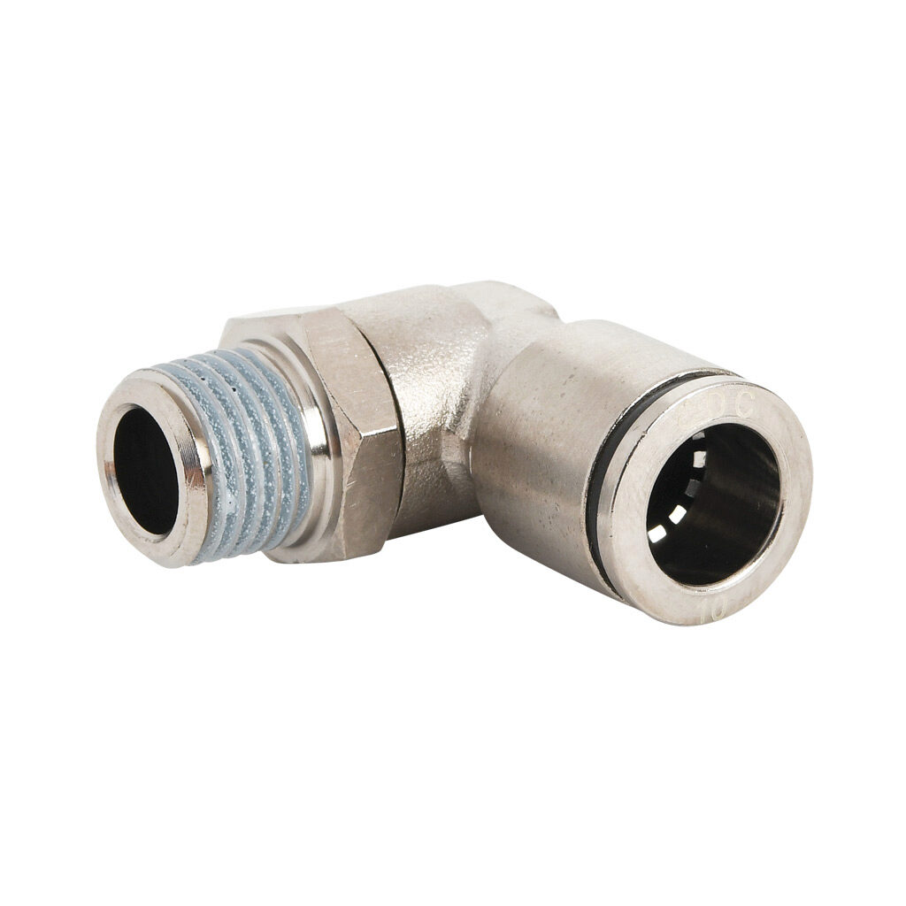 ME10M-14R-B - NITRA pneumatic push-to-connect fitting, elbow, rotating, nickel-plated brass body, nickel-plated brass threads, thread sealant, (1) R1/4 male BSPT to (1) 10mm push-to-connect. Package of 5.