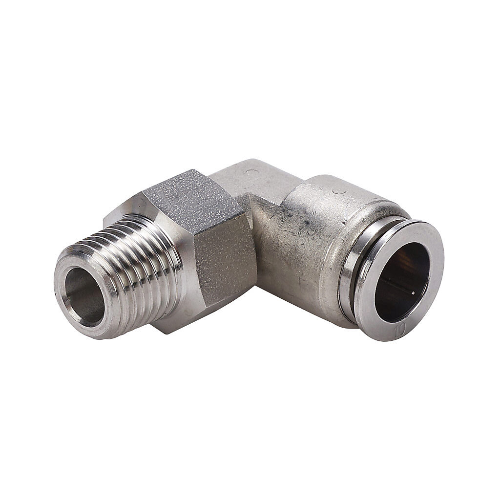 ME10M-14R-SS - NITRA pneumatic push-to-connect fitting, elbow, rotating, 316 stainless steel body, 316 stainless steel threads, (1) R1/4 male BSPT to (1) 10mm push-to-connect.