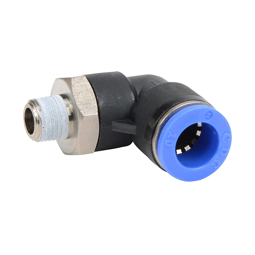 ME10M-18R - NITRA pneumatic push-to-connect fitting, elbow, rotating, thermoplastic (PBT) body, nickel-plated brass threads, thread sealant, (1) R1/8 male BSPT to (1) 10mm push-to-connect. Package of 5.