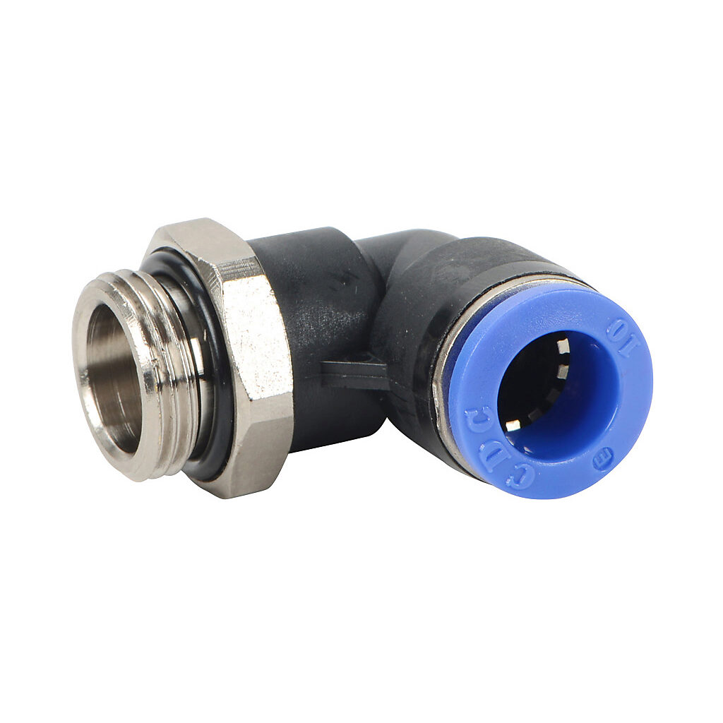 ME10M-38G - NITRA pneumatic push-to-connect fitting, elbow, rotating, thermoplastic (PBT) body, nickel-plated brass threads, Buna-N O-ring seal(s), (1) G3/8 male BSPP to (1) 10mm push-to-connect. Package of 5.