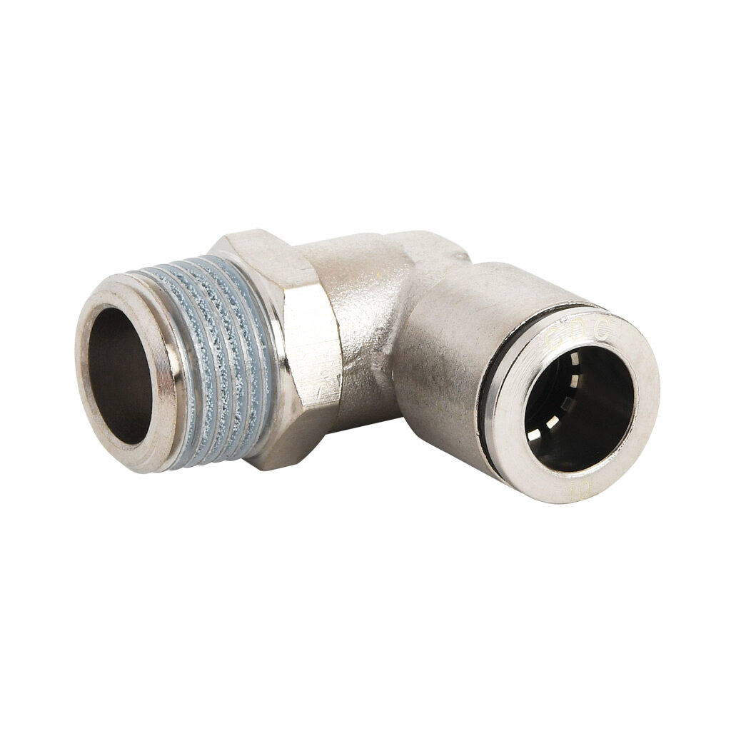 ME10M-38R-B - NITRA pneumatic push-to-connect fitting, elbow, rotating, nickel-plated brass body, nickel-plated brass threads, thread sealant, (1) R3/8 male BSPT to (1) 10mm push-to-connect. Package of 5.