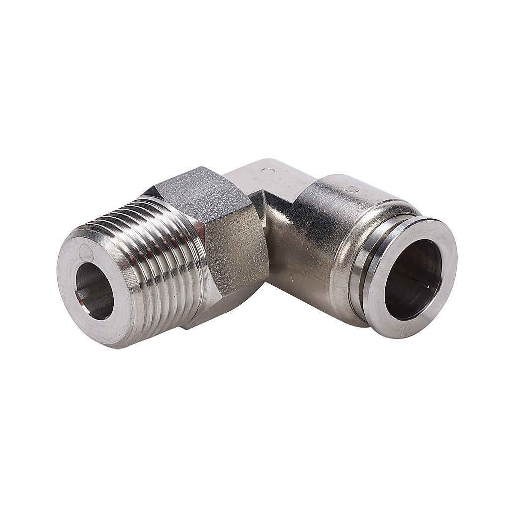 ME10M-38R-SS - NITRA pneumatic push-to-connect fitting, elbow, rotating, 316 stainless steel body, 316 stainless steel threads, (1) R3/8 male BSPT to (1) 10mm push-to-connect.