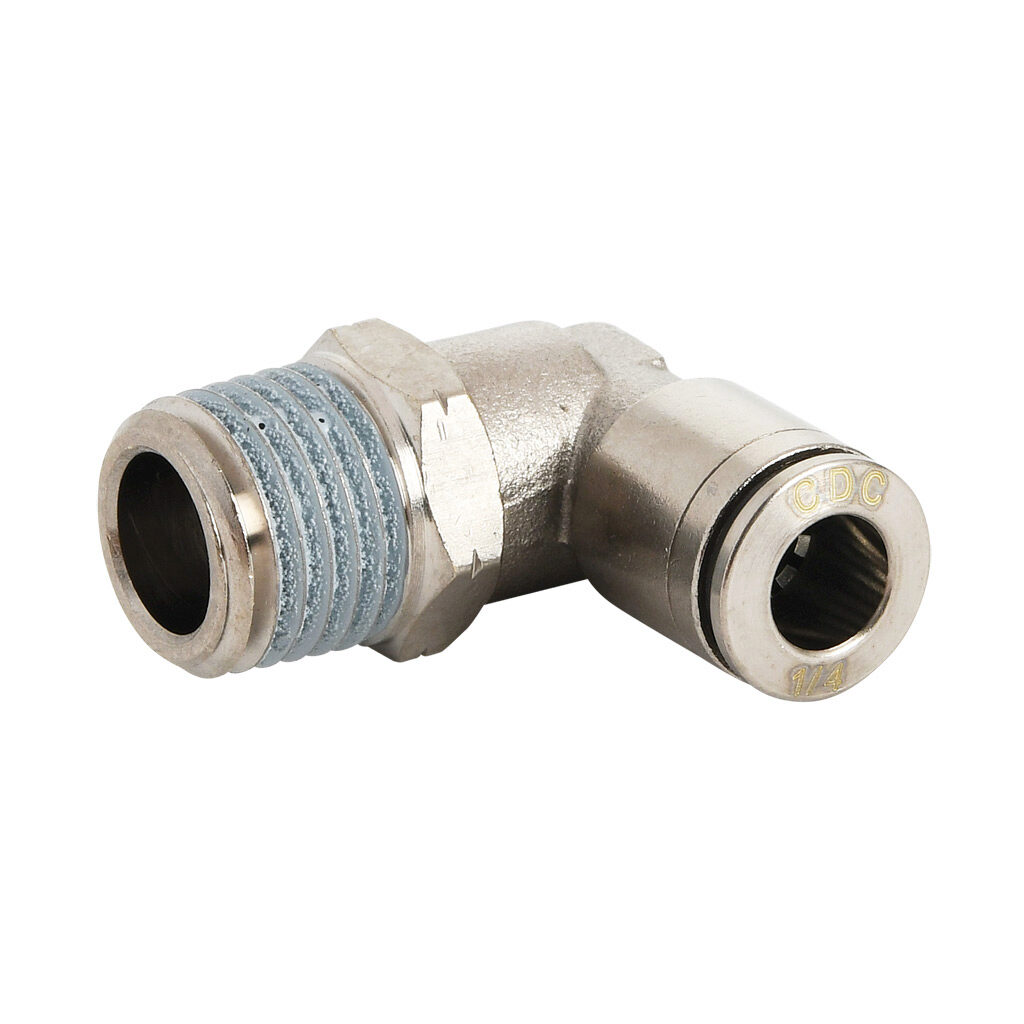ME14-14N-B - NITRA pneumatic push-to-connect fitting, elbow, rotating, nickel-plated brass body, nickel-plated brass threads, thread sealant, (1) 1/4in male NPT to (1) 1/4in push-to-connect. Package of 5.