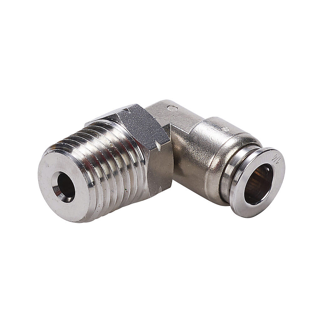 ME14-14N-SS - NITRA pneumatic push-to-connect fitting, elbow, rotating, 316 stainless steel body, 316 stainless steel threads, (1) 1/4in male NPT to (1) 1/4in push-to-connect.