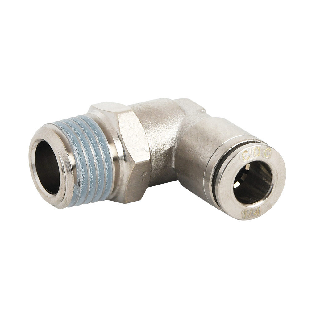 ME14-14R-B - NITRA pneumatic push-to-connect fitting, elbow, rotating, nickel-plated brass body, nickel-plated brass threads, thread sealant, (1) R1/4 male BSPT to (1) 1/4in push-to-connect. Package of 5.