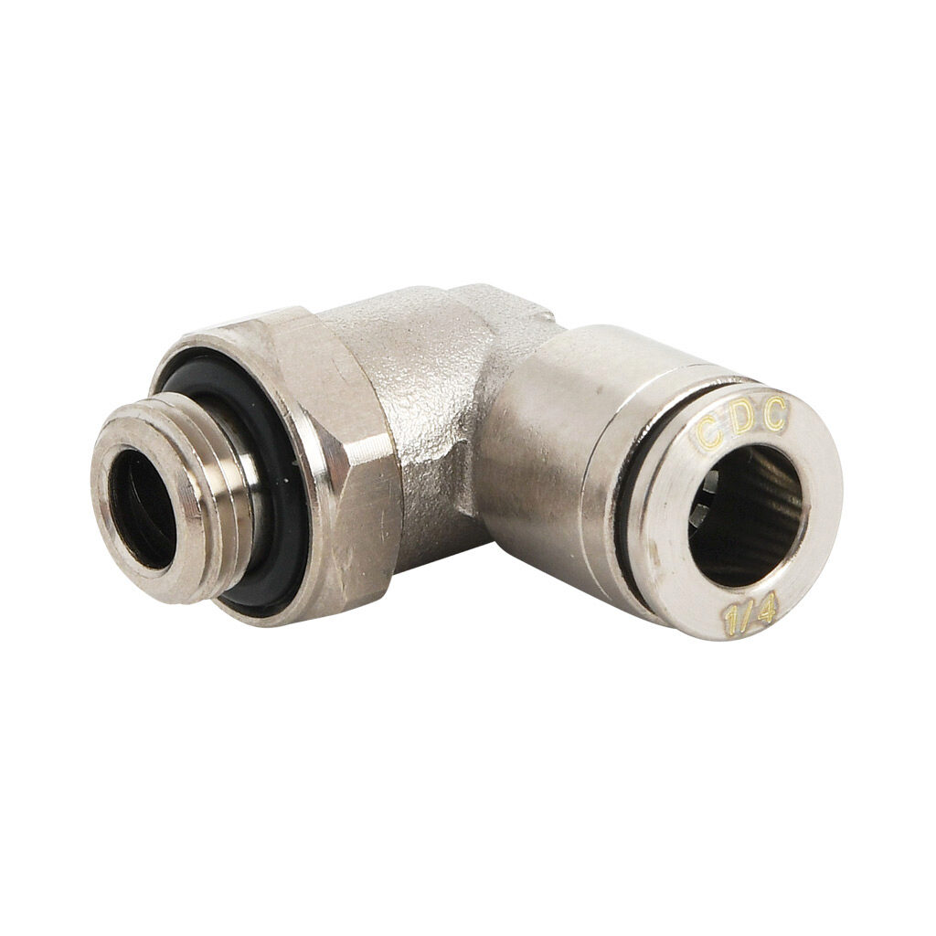 ME14-18G-B - NITRA pneumatic push-to-connect fitting, elbow, rotating, nickel-plated brass body, nickel-plated brass threads, Buna-N O-ring seal(s), (1) G1/8 male BSPP to (1) 1/4in push-to-connect. Package of 5.