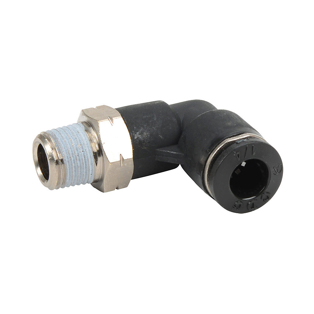 ME14-18N - NITRA pneumatic push-to-connect fitting, elbow, rotating, thermoplastic (PBT) body, nickel-plated brass threads, thread sealant, (1) 1/8in male NPT to (1) 1/4in push-to-connect. Package of 5.