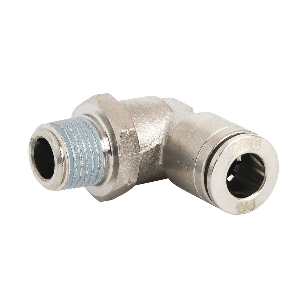 ME14-18N-B - NITRA pneumatic push-to-connect fitting, elbow, rotating, nickel-plated brass body, nickel-plated brass threads, thread sealant, (1) 1/8in male NPT to (1) 1/4in push-to-connect. Package of 5.