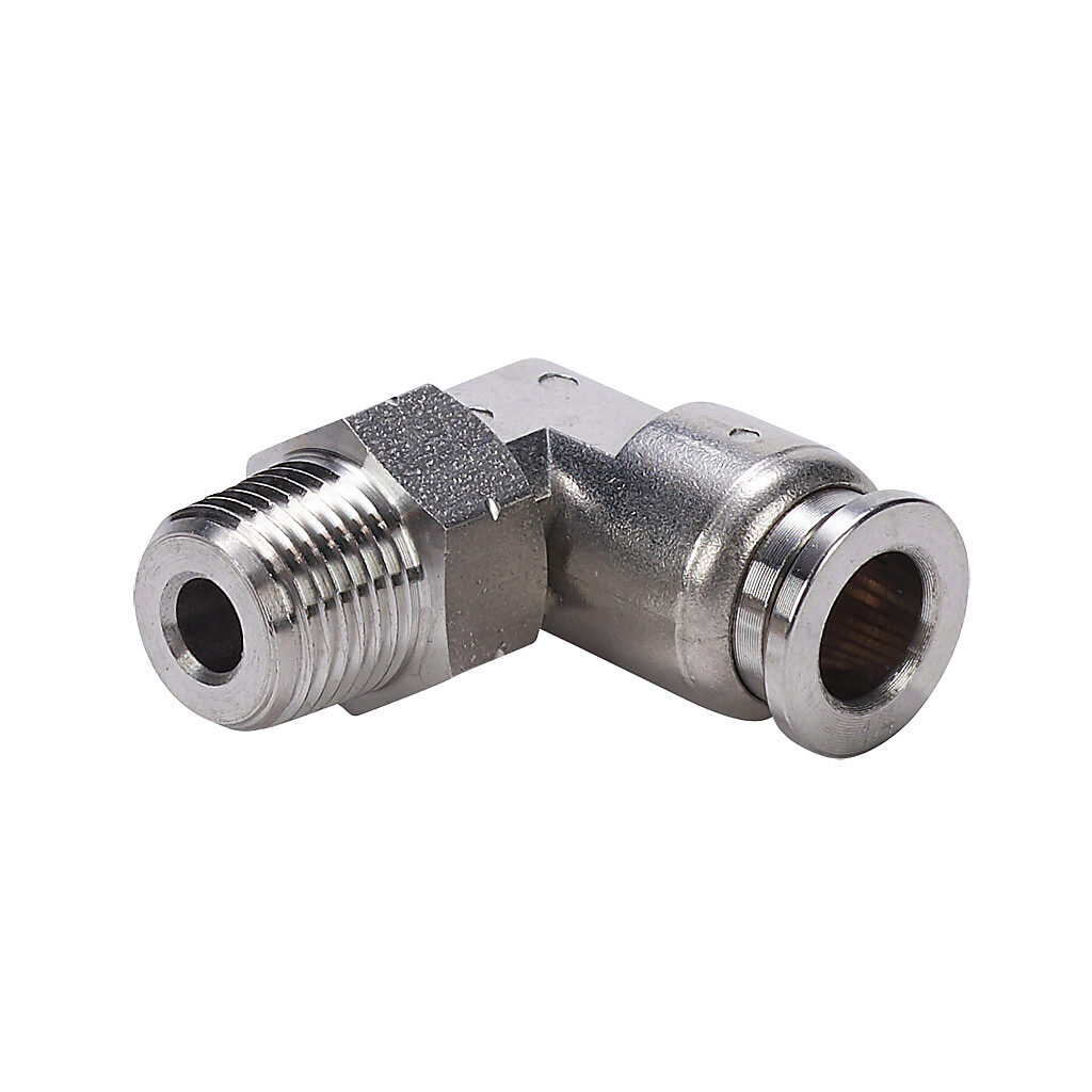 ME14-18N-SS - NITRA pneumatic push-to-connect fitting, elbow, rotating, 316 stainless steel body, 316 stainless steel threads, (1) 1/8in male NPT to (1) 1/4in push-to-connect.