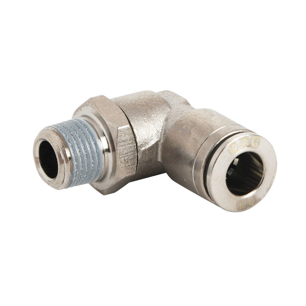 ME14-18R-B - NITRA pneumatic push-to-connect fitting, elbow, rotating, nickel-plated brass body, nickel-plated brass threads, thread sealant, (1) R1/8 male BSPT to (1) 1/4in push-to-connect. Package of 5.