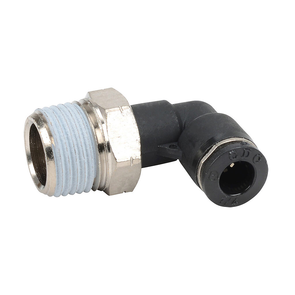 ME14-38N - NITRA pneumatic push-to-connect fitting, elbow, rotating, thermoplastic (PBT) body, nickel-plated brass threads, thread sealant, (1) 3/8 male NPT to (1) 1/4in push-to-connect. Package of 5.