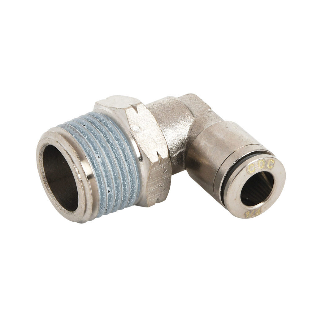 ME14-38N-B - NITRA pneumatic push-to-connect fitting, elbow, rotating, nickel-plated brass body, nickel-plated brass threads, thread sealant, (1) 3/8 male NPT to (1) 1/4in push-to-connect. Package of 5.
