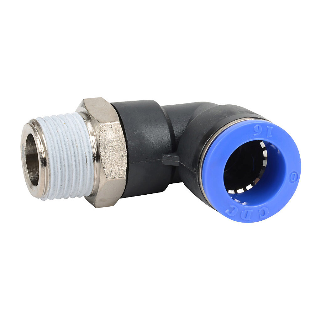ME16M-12R - NITRA pneumatic push-to-connect fitting, elbow, rotating, thermoplastic (PBT) body, nickel-plated brass threads, thread sealant, (1) R1/2 male BSPT to (1) 16mm push-to-connect. Package of 5.