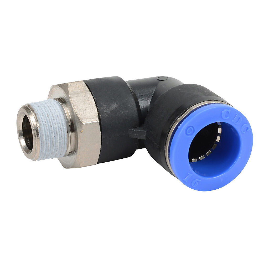 ME16M-38R - NITRA pneumatic push-to-connect fitting, elbow, rotating, thermoplastic (PBT) body, nickel-plated brass threads, thread sealant, (1) R3/8 male BSPT to (1) 16mm push-to-connect. Package of 5.