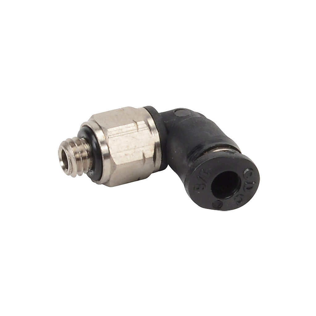 ME18-10N - NITRA pneumatic push-to-connect fitting, elbow, rotating, thermoplastic (PBT) body, nickel-plated brass threads, Buna-N O-ring seal(s), (1) #10-32 male UNF to (1) 1/8in push-to-connect. Package of 5.