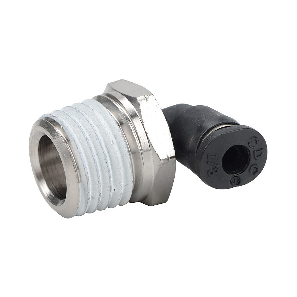 ME18-14N - NITRA pneumatic push-to-connect fitting, elbow, rotating, thermoplastic (PBT) body, nickel-plated brass threads, thread sealant, (1) 1/4in male NPT to (1) 1/8in push-to-connect. Package of 5.