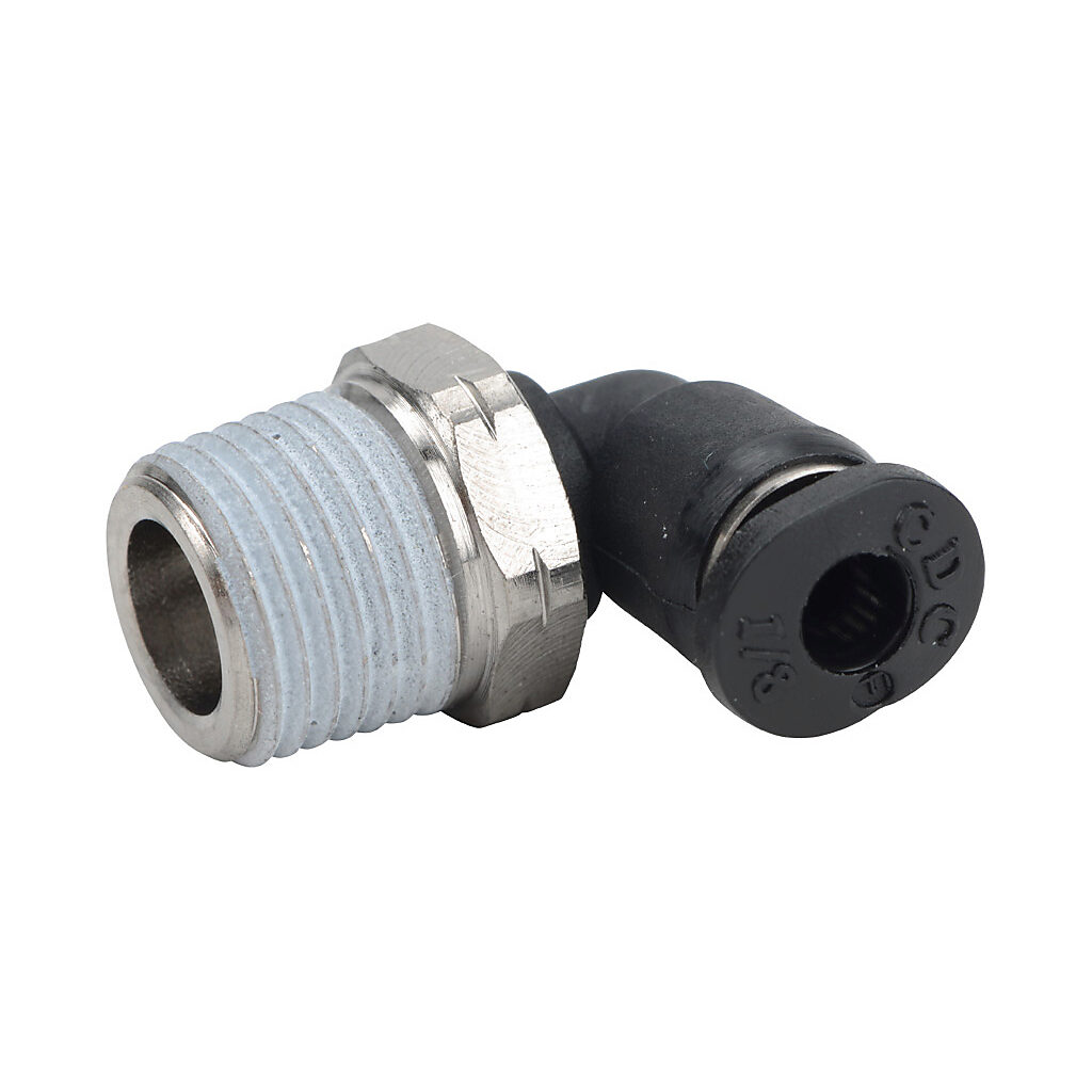 ME18-18N - NITRA pneumatic push-to-connect fitting, elbow, rotating, thermoplastic (PBT) body, nickel-plated brass threads, thread sealant, (1) 1/8in male NPT to (1) 1/8in push-to-connect. Package of 5.