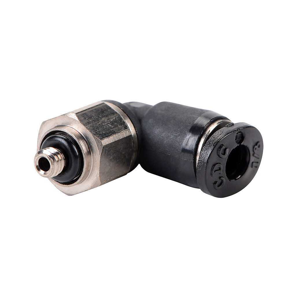 ME18-M3 - NITRA pneumatic push-to-connect fitting, elbow, rotating, thermoplastic (PBT) body, nickel-plated brass threads, Buna-N O-ring seal(s), (1) M3 x 0.5 male ISO to (1) 1/8in push-to-connect. Package of 5.
