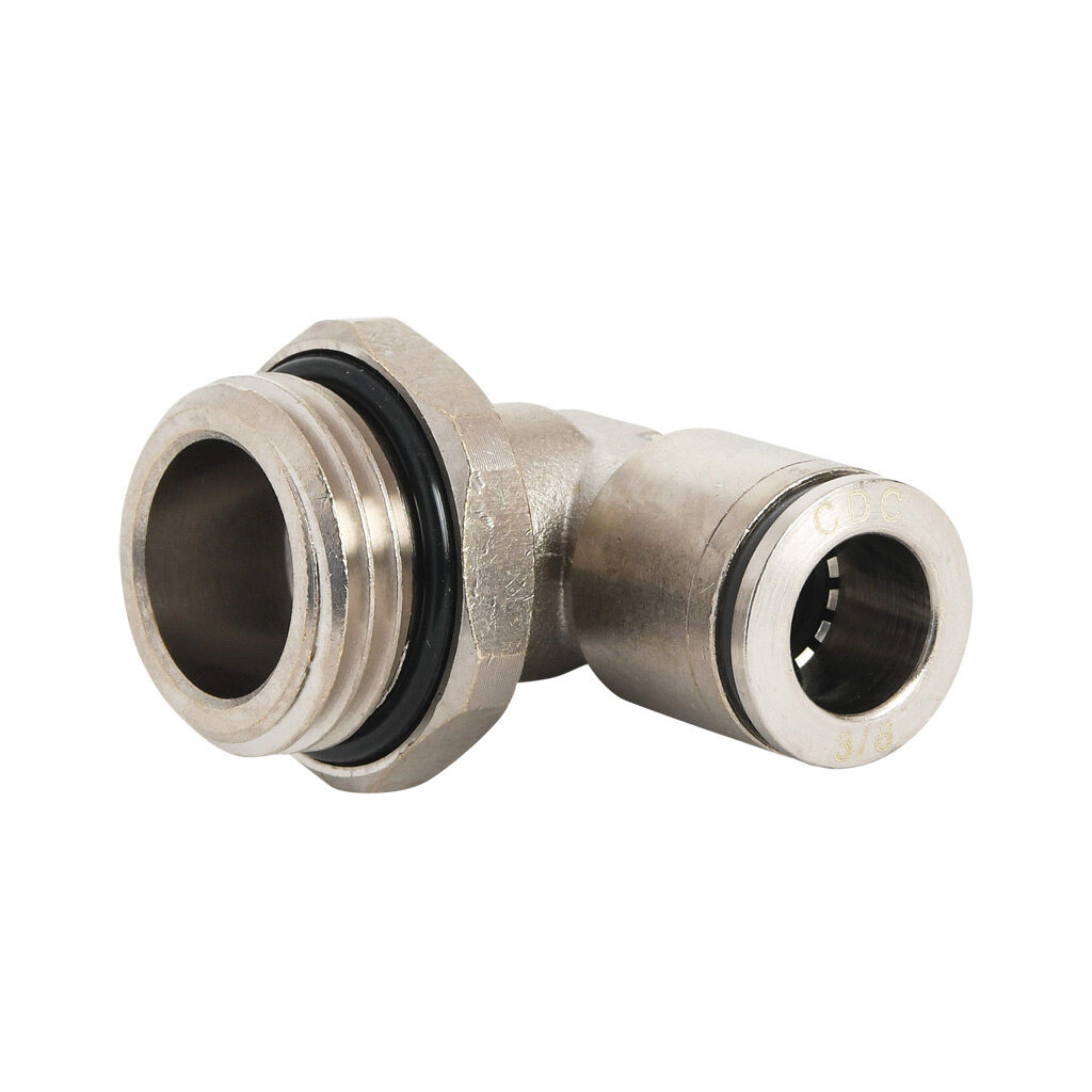 ME38-12G-B - NITRA pneumatic push-to-connect fitting, elbow, rotating, nickel-plated brass body, nickel-plated brass threads, Buna-N O-ring seal(s), (1) G1/2 male BSPP to (1) 3/8in push-to-connect. Package of 5.