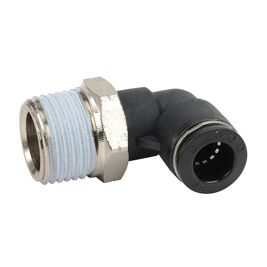 ME38-12N - NITRA pneumatic push-to-connect fitting, elbow, rotating, thermoplastic (PBT) body, nickel-plated brass threads, thread sealant, (1) 1/2in male NPT to (1) 3/8in push-to-connect. Package of 5.