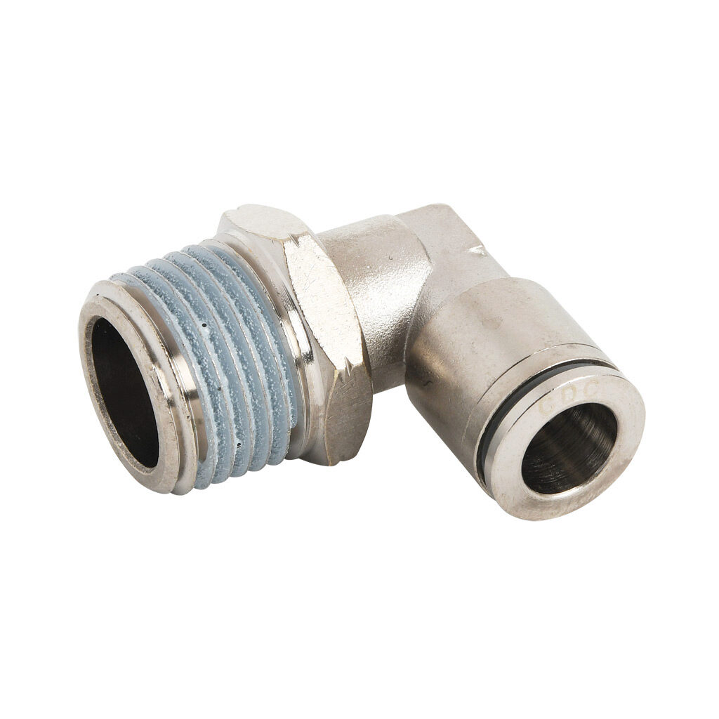 ME38-12N-B - NITRA pneumatic push-to-connect fitting, elbow, rotating, nickel-plated brass body, nickel-plated brass threads, thread sealant, (1) 1/2in male NPT to (1) 3/8in push-to-connect. Package of 5.