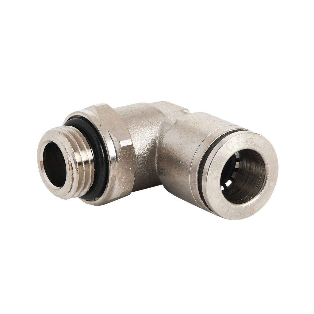 ME38-14G-B - NITRA pneumatic push-to-connect fitting, elbow, rotating, nickel-plated brass body, nickel-plated brass threads, Buna-N O-ring seal(s), (1) G1/4 male BSPP to (1) 3/8in push-to-connect. Package of 5.
