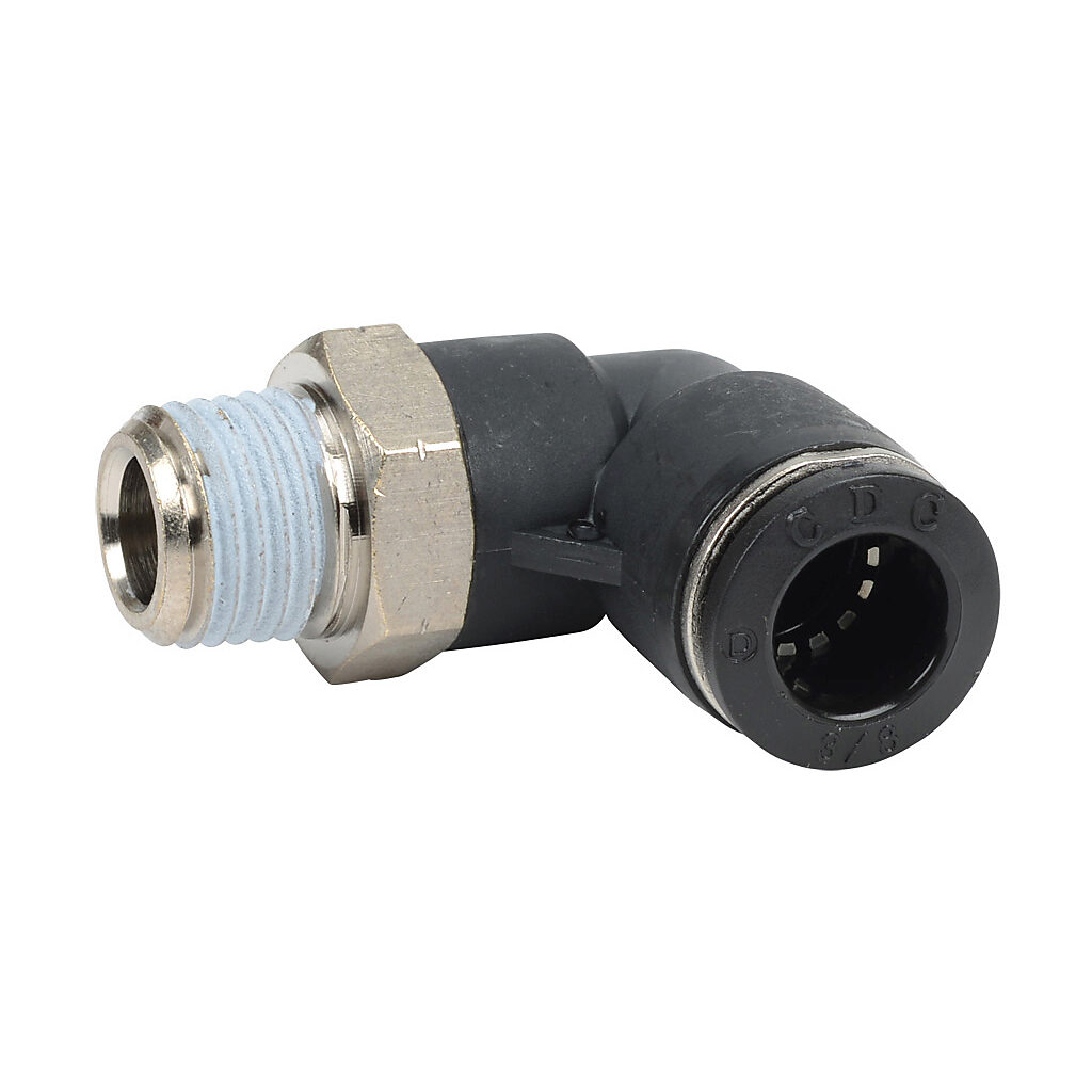ME38-14N - NITRA pneumatic push-to-connect fitting, elbow, rotating, thermoplastic (PBT) body, nickel-plated brass threads, thread sealant, (1) 1/4in male NPT to (1) 3/8in push-to-connect. Package of 5.