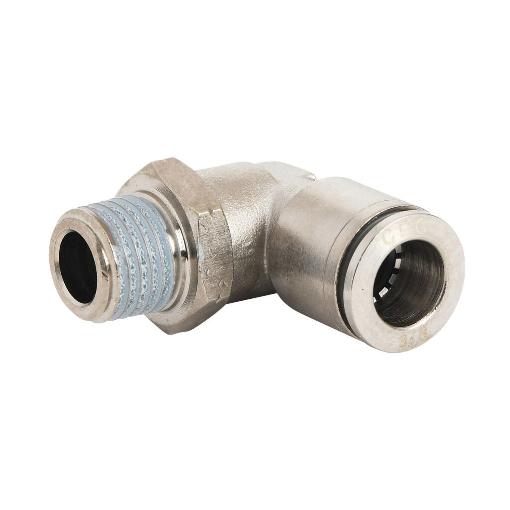 ME38-14N-B - NITRA pneumatic push-to-connect fitting, elbow, rotating, nickel-plated brass body, nickel-plated brass threads, thread sealant, (1) 1/4in male NPT to (1) 3/8in push-to-connect. Package of 5.