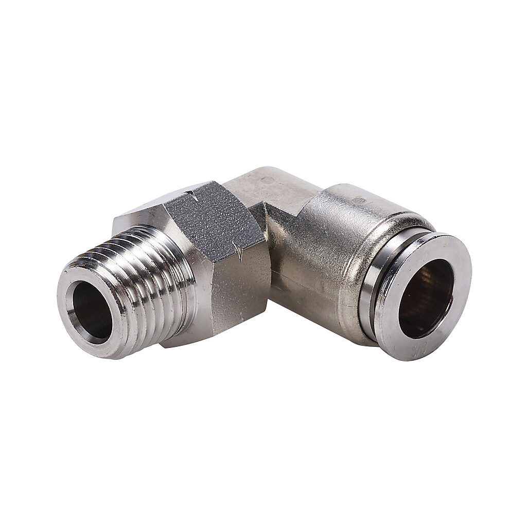 ME38-14N-SS - NITRA pneumatic push-to-connect fitting, elbow, rotating, 316 stainless steel body, 316 stainless steel threads, (1) 1/4in male NPT to (1) 3/8in push-to-connect.