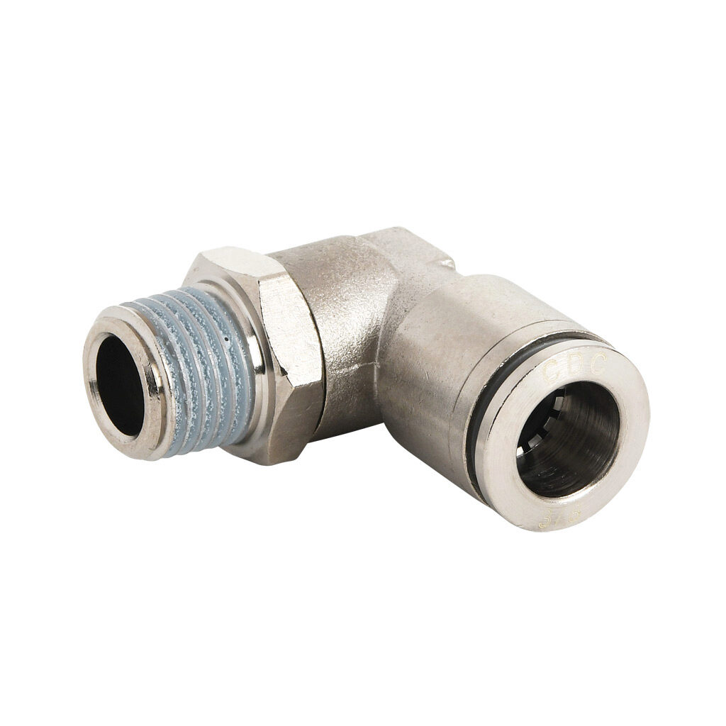 ME38-14R-B - NITRA pneumatic push-to-connect fitting, elbow, rotating, nickel-plated brass body, nickel-plated brass threads, thread sealant, (1) R1/4 male BSPT to (1) 3/8in push-to-connect. Package of 5.