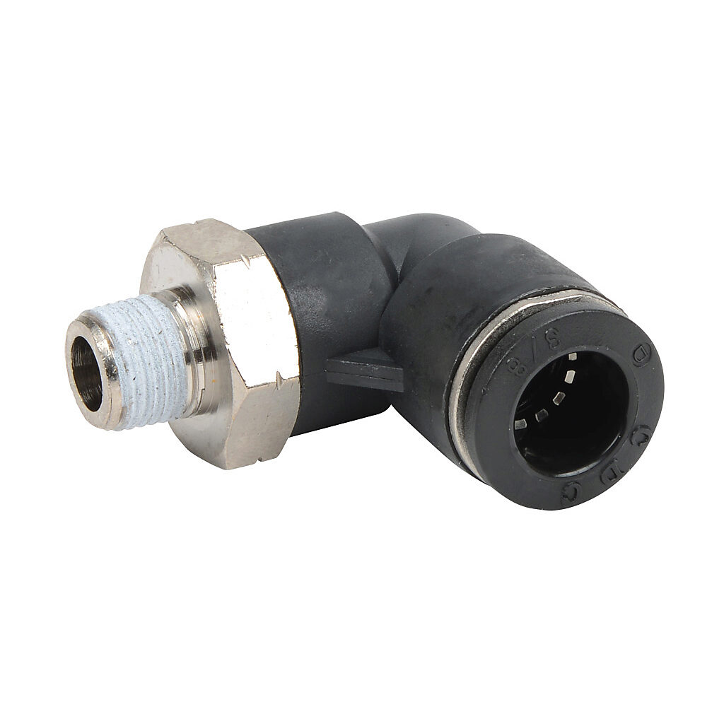ME38-18N - NITRA pneumatic push-to-connect fitting, elbow, rotating, thermoplastic (PBT) body, nickel-plated brass threads, thread sealant, (1) 1/8in male NPT to (1) 3/8in push-to-connect. Package of 5.