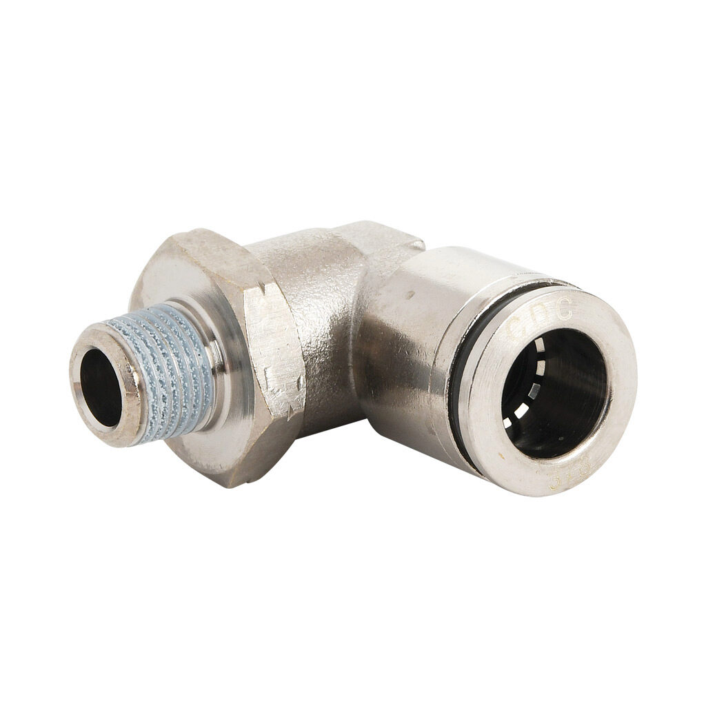 ME38-18N-B - NITRA pneumatic push-to-connect fitting, elbow, rotating, nickel-plated brass body, nickel-plated brass threads, thread sealant, (1) 1/8in male NPT to (1) 3/8in push-to-connect. Package of 5.