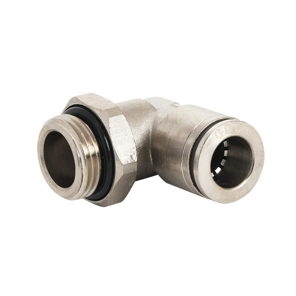 ME38-38G-B - NITRA pneumatic push-to-connect fitting, elbow, rotating, nickel-plated brass body, nickel-plated brass threads, Buna-N O-ring seal(s), (1) G3/8 male BSPP to (1) 3/8in push-to-connect. Package of 5.