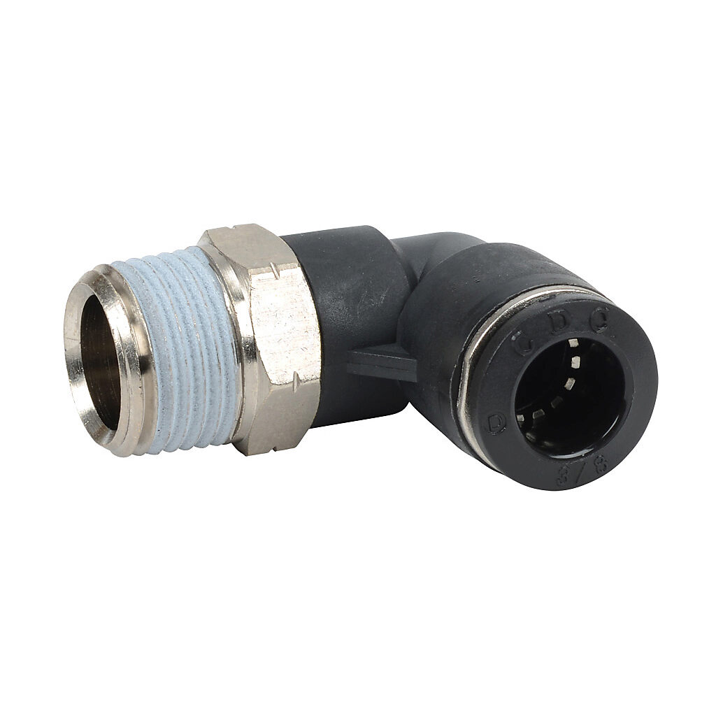 ME38-38N - NITRA pneumatic push-to-connect fitting, elbow, rotating, thermoplastic (PBT) body, nickel-plated brass threads, thread sealant, (1) 3/8in male NPT to (1) 3/8in push-to-connect. Package of 5.