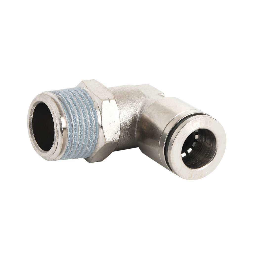 ME38-38N-B - NITRA pneumatic push-to-connect fitting, elbow, rotating, nickel-plated brass body, nickel-plated brass threads, thread sealant, (1) 3/8in male NPT to (1) 3/8in push-to-connect. Package of 5.