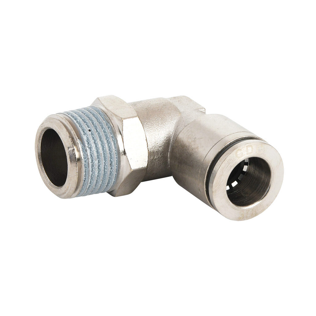 ME38-38R-B - NITRA pneumatic push-to-connect fitting, elbow, rotating, nickel-plated brass body, nickel-plated brass threads, thread sealant, (1) R3/8 male BSPT to (1) 3/8in push-to-connect. Package of 5.