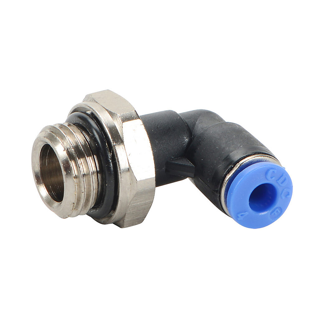 ME4M-14G - NITRA pneumatic push-to-connect fitting, elbow, rotating, thermoplastic (PBT) body, nickel-plated brass threads, Buna-N O-ring seal(s), (1) G1/4 male BSPP to (1) 5/32in (4mm) push-to-connect. Package of 5.