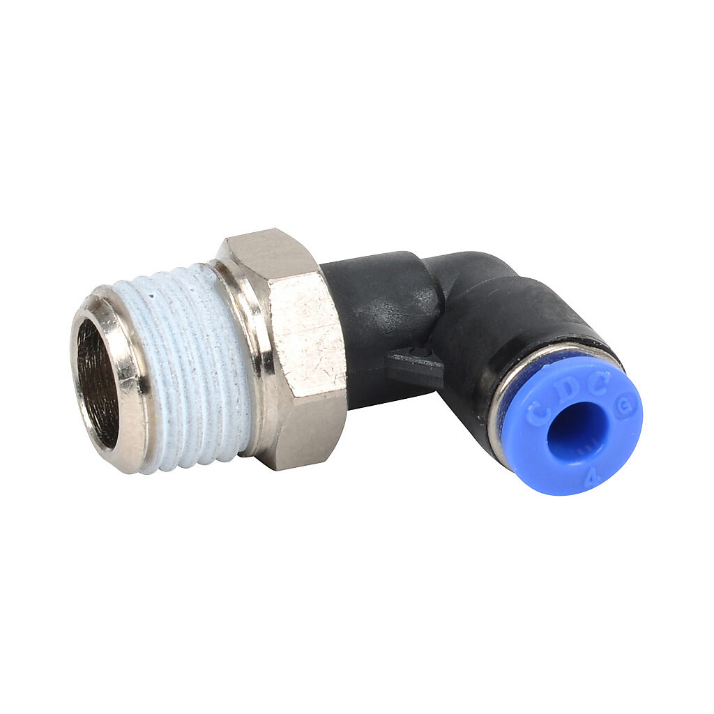 ME4M-14R - NITRA pneumatic push-to-connect fitting, elbow, rotating, thermoplastic (PBT) body, nickel-plated brass threads, thread sealant, (1) R1/4 male BSPT to (1) 5/32in (4mm) push-to-connect. Package of 5.