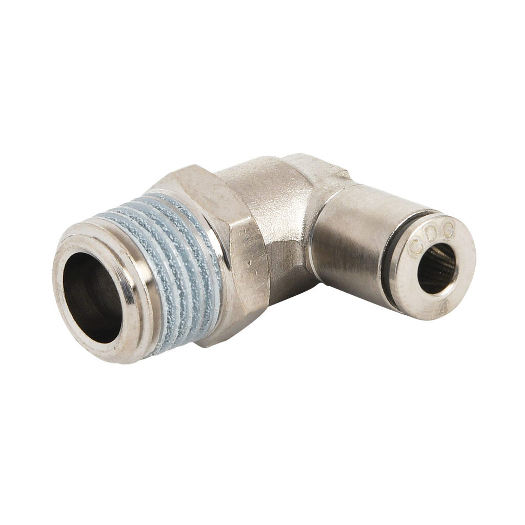 ME4M-14R-B - NITRA pneumatic push-to-connect fitting, elbow, rotating, nickel-plated brass body, nickel-plated brass threads, thread sealant, (1) R1/4 male BSPT to (1) 5/32in (4mm) push-to-connect. Package of 5.