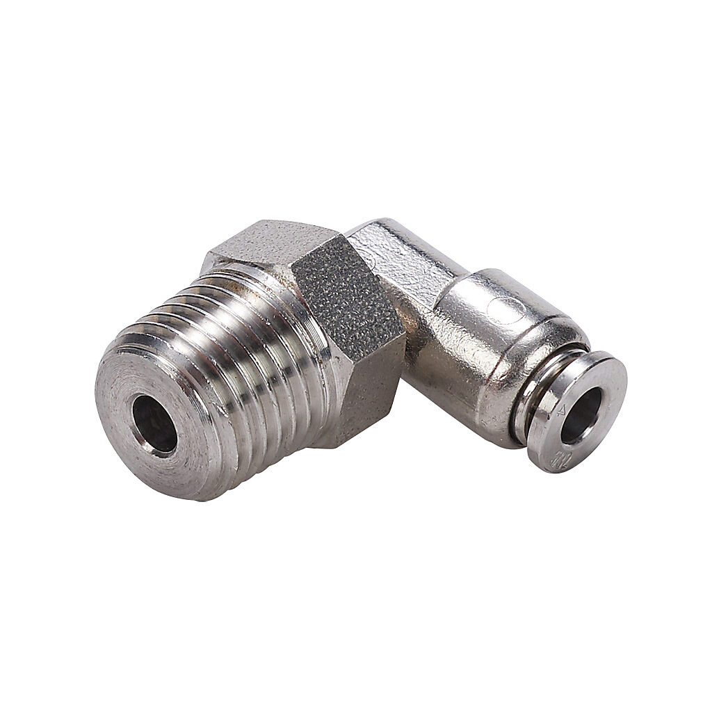 ME4M-14R-SS - NITRA pneumatic push-to-connect fitting, elbow, rotating, 316 stainless steel body, 316 stainless steel threads, (1) R1/4 male BSPT to (1) 5/32in (4mm) push-to-connect.