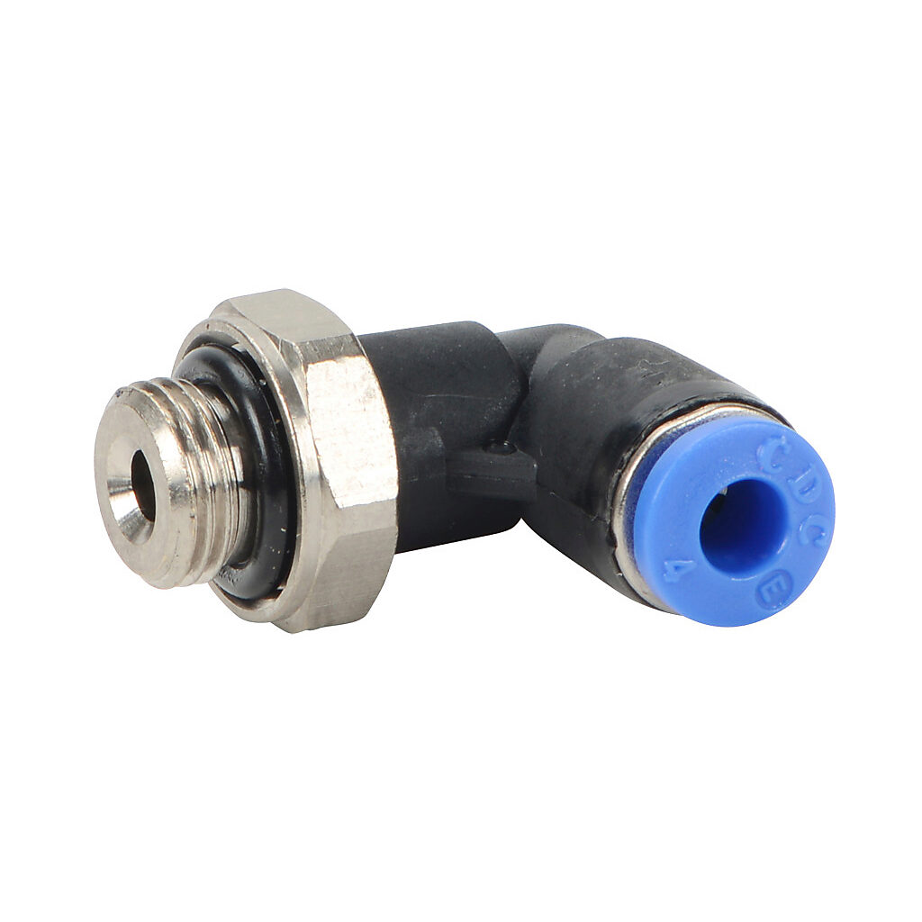 ME4M-18G - NITRA pneumatic push-to-connect fitting, elbow, rotating, thermoplastic (PBT) body, nickel-plated brass threads, Buna-N O-ring seal(s), (1) G1/8 male BSPP to (1) 5/32in (4mm) push-to-connect. Package of 5.