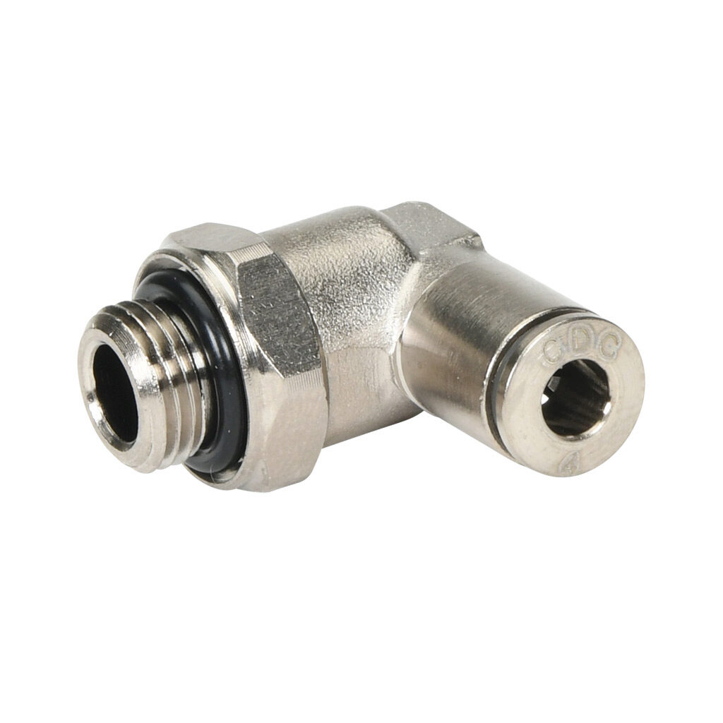 ME4M-18G-B - NITRA pneumatic push-to-connect fitting, elbow, rotating, nickel-plated brass body, nickel-plated brass threads, Buna-N O-ring seal(s), (1) G1/8 male BSPP to (1) 5/32in (4mm) push-to-connect. Package of 5.