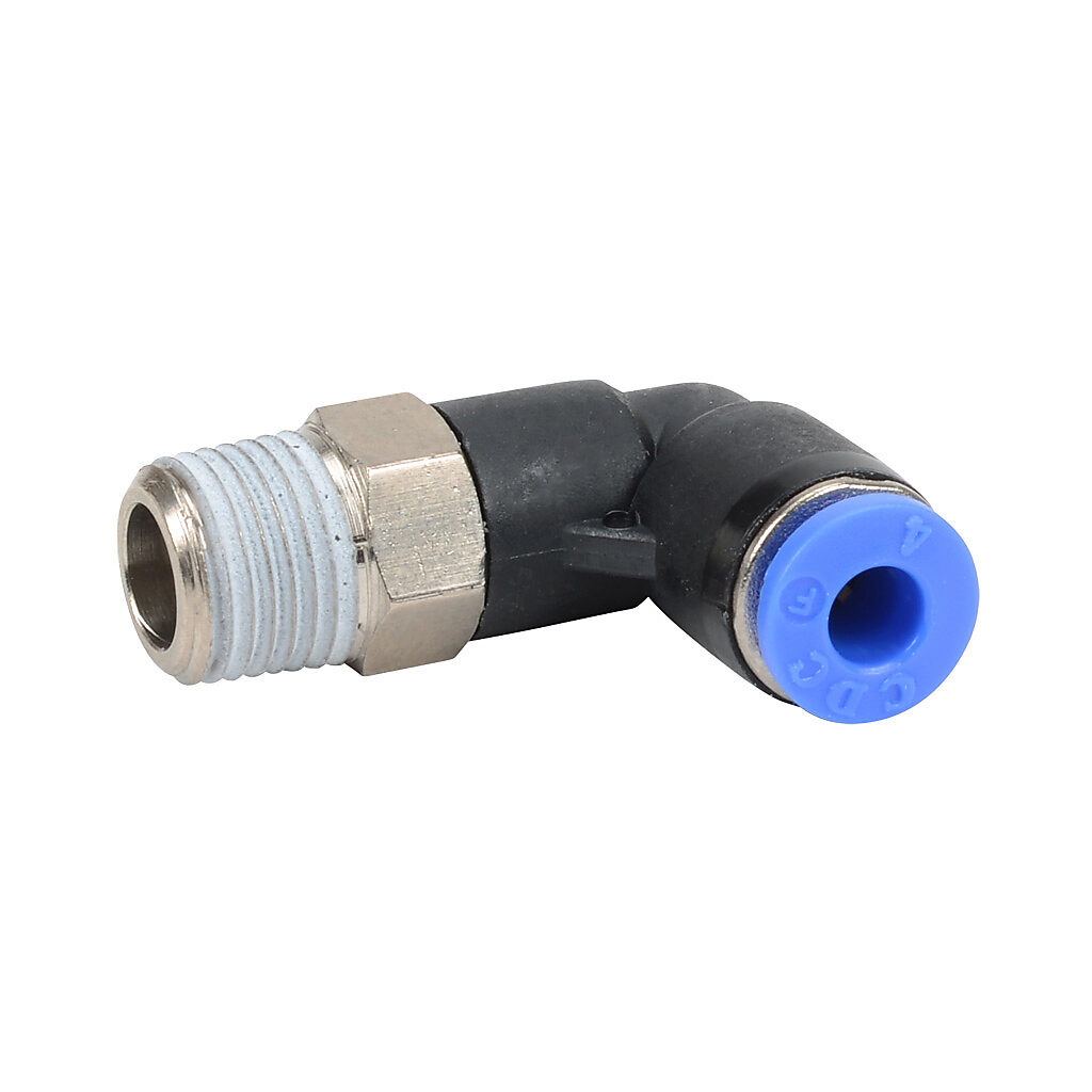 ME4M-18R - NITRA pneumatic push-to-connect fitting, elbow, rotating, thermoplastic (PBT) body, nickel-plated brass threads, thread sealant, (1) R1/8 male BSPT to (1) 5/32in (4mm) push-to-connect. Package of 5.