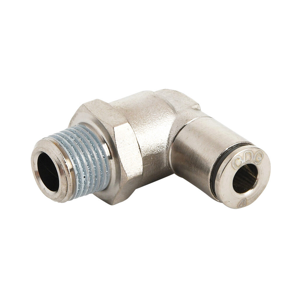 ME4M-18R-B - NITRA pneumatic push-to-connect fitting, elbow, rotating, nickel-plated brass body, nickel-plated brass threads, thread sealant, (1) R1/8 male BSPT to (1) 5/32in (4mm) push-to-connect. Package of 5.