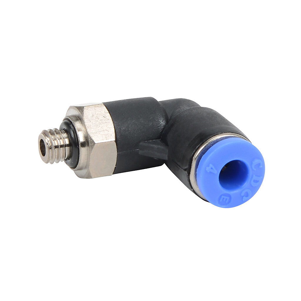 ME4M-M5 - NITRA pneumatic push-to-connect fitting, elbow, rotating, thermoplastic (PBT) body, nickel-plated brass threads, Buna-N O-ring seal(s), (1) M5 x 0.8 male ISO to (1) 5/32in (4mm) push-to-connect. Package of 5.
