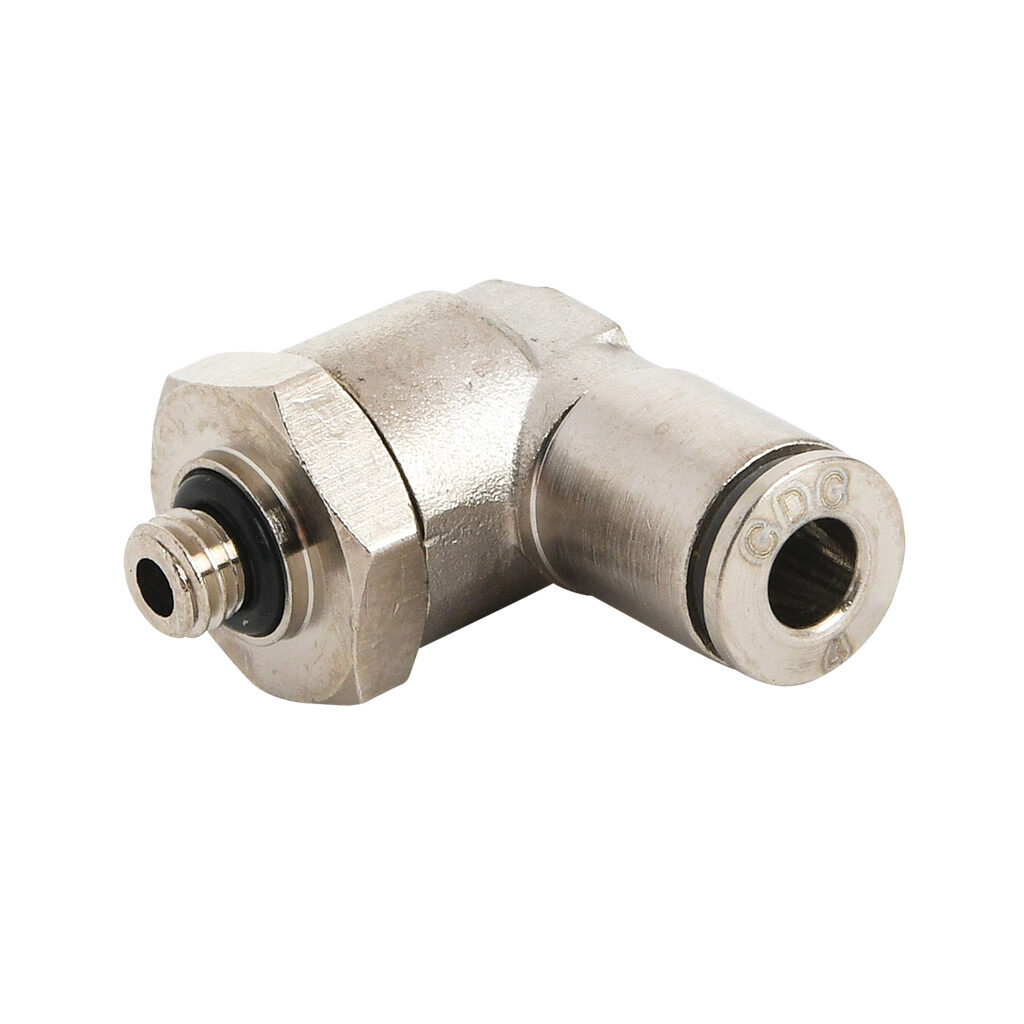 ME4M-M5-B - NITRA pneumatic push-to-connect fitting, elbow, rotating, nickel-plated brass body, nickel-plated brass threads, Buna-N O-ring seal(s), (1) M5 x 0.8 male ISO to (1) 5/32in (4mm) push-to-connect. Package of 5.