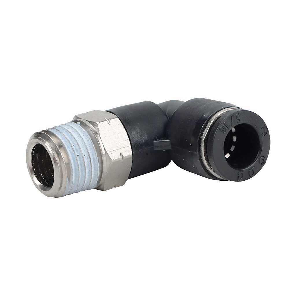 ME516-14N - NITRA pneumatic push-to-connect fitting, elbow, rotating, thermoplastic (PBT) body, nickel-plated brass threads, thread sealant, (1) 1/4in male NPT to (1) 5/16in (8mm) push-to-connect. Package of 5.
