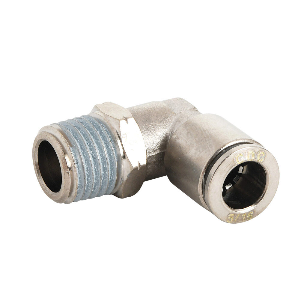 ME516-14N-B - NITRA pneumatic push-to-connect fitting, elbow, rotating, nickel-plated brass body, nickel-plated brass threads, thread sealant, (1) 1/4in male NPT to (1) 5/16in (8mm) push-to-connect. Package of 5.